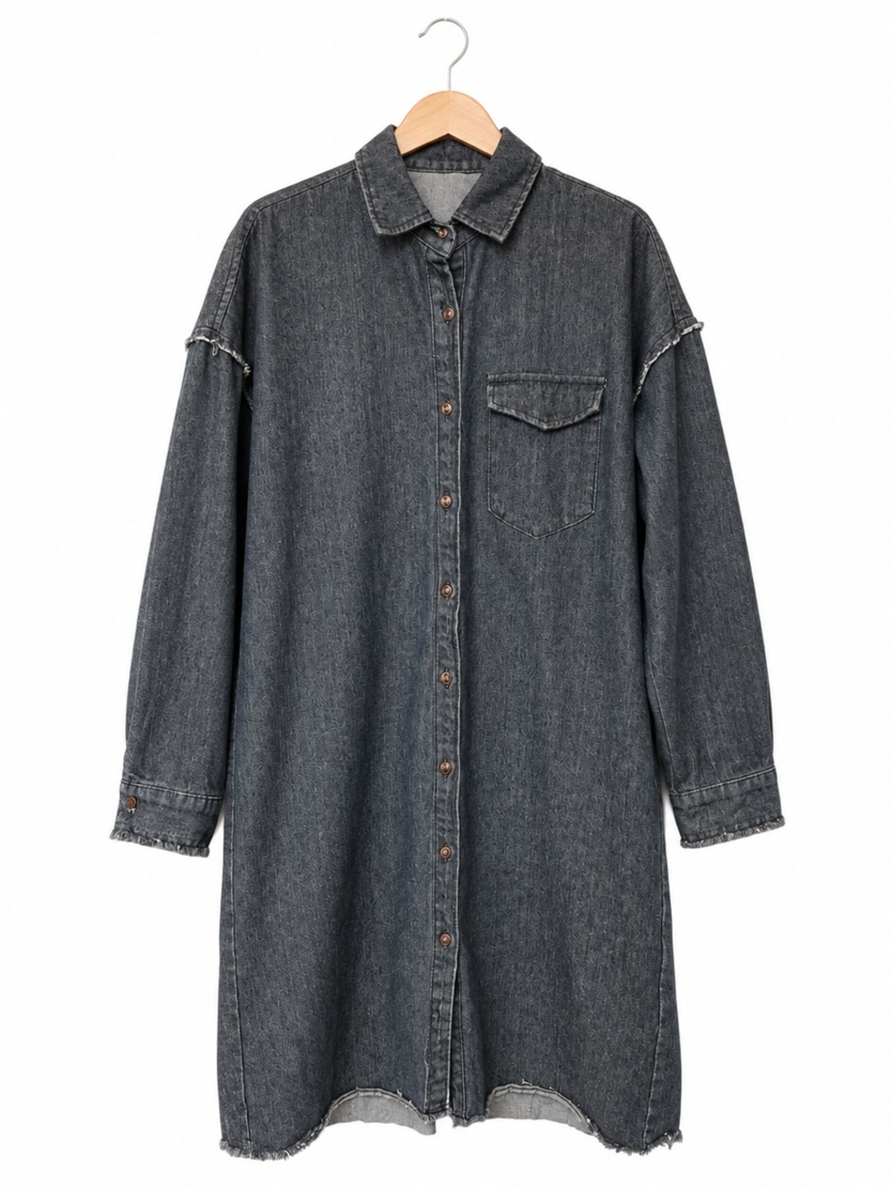 🖤🖤 POL Black Denim Shirtdress with Frayed Details Raw Hem